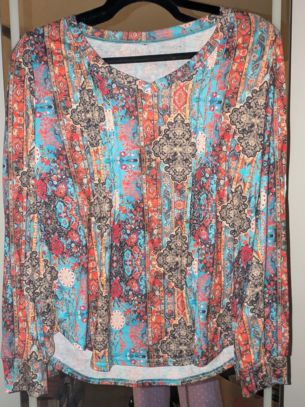 Printed Long-Sleeve Women’s Top in Turquoise and Coral